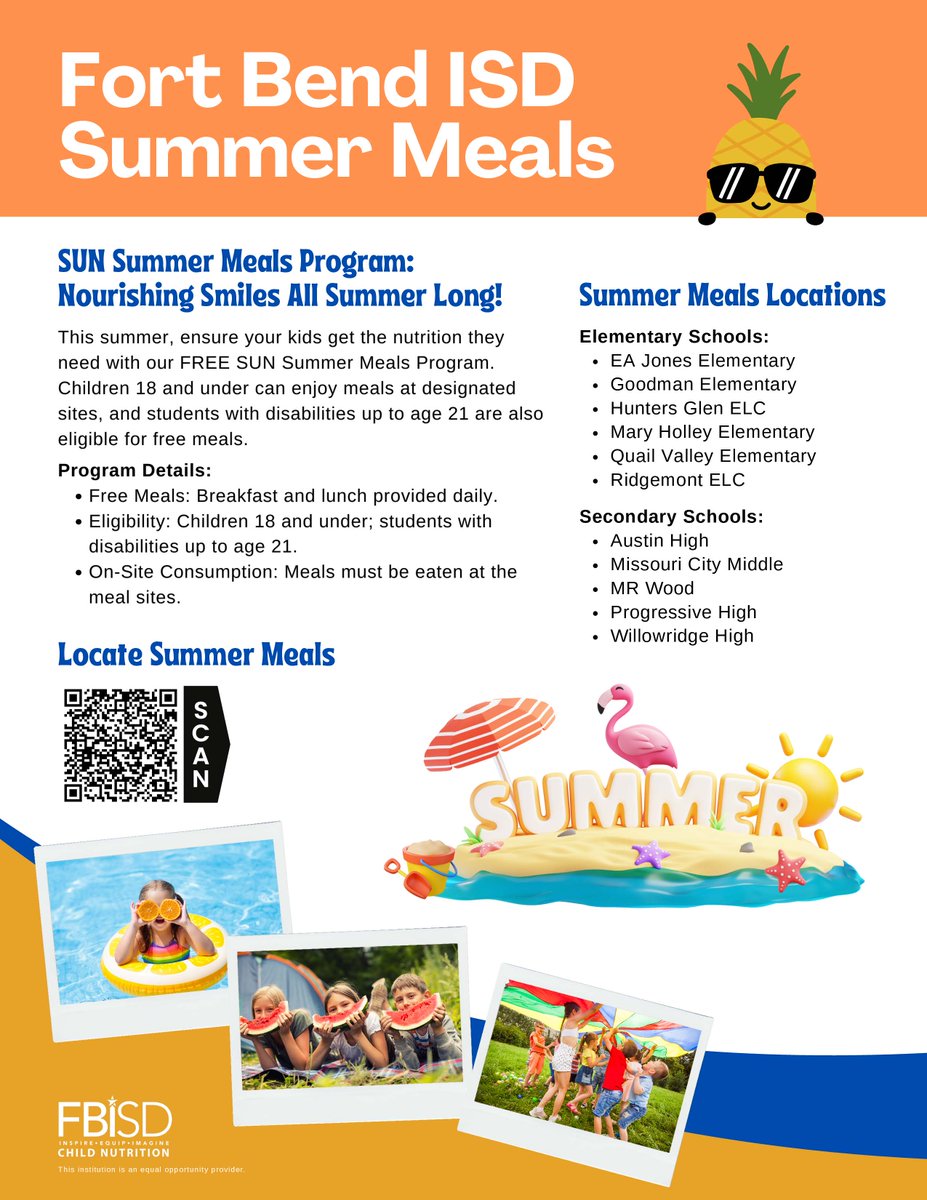 Fuel their summer fun with FREE meals! ☀️🍴
Kids 18 &amp; under and students with disabilities up to age 21 can enjoy nutritious meals all summer long through the SUN Summer Meals Program.
📍 Find a meal site near you: fortbendisd.com/childnutrition.