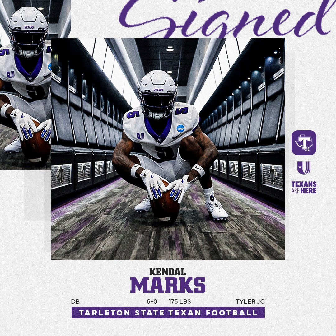 Tarleton State Football (@tarletonfb) on Twitter photo Kendal Marks appeared in 10 games at Tyler Junior College last year, recording 11 pass breakups, an interception, a fumble recovery returned for a touchdown, 20 tackles and three tackles for loss 😤
Welcome <a href="/KendalMarksK5/">Kendal K5 Marks</a>!
Story: tinyurl.com/3u5stjfn Kendal Marks appeared in 10 games at Tyler Junior College last year, recording 11 pass breakups, an interception, a fumble recovery returned for a touchdown, 20 tackles and three tackles for loss 😤
Welcome <a href="/KendalMarksK5/">Kendal K5 Marks</a>!
Story: tinyurl.com/3u5stjfn
