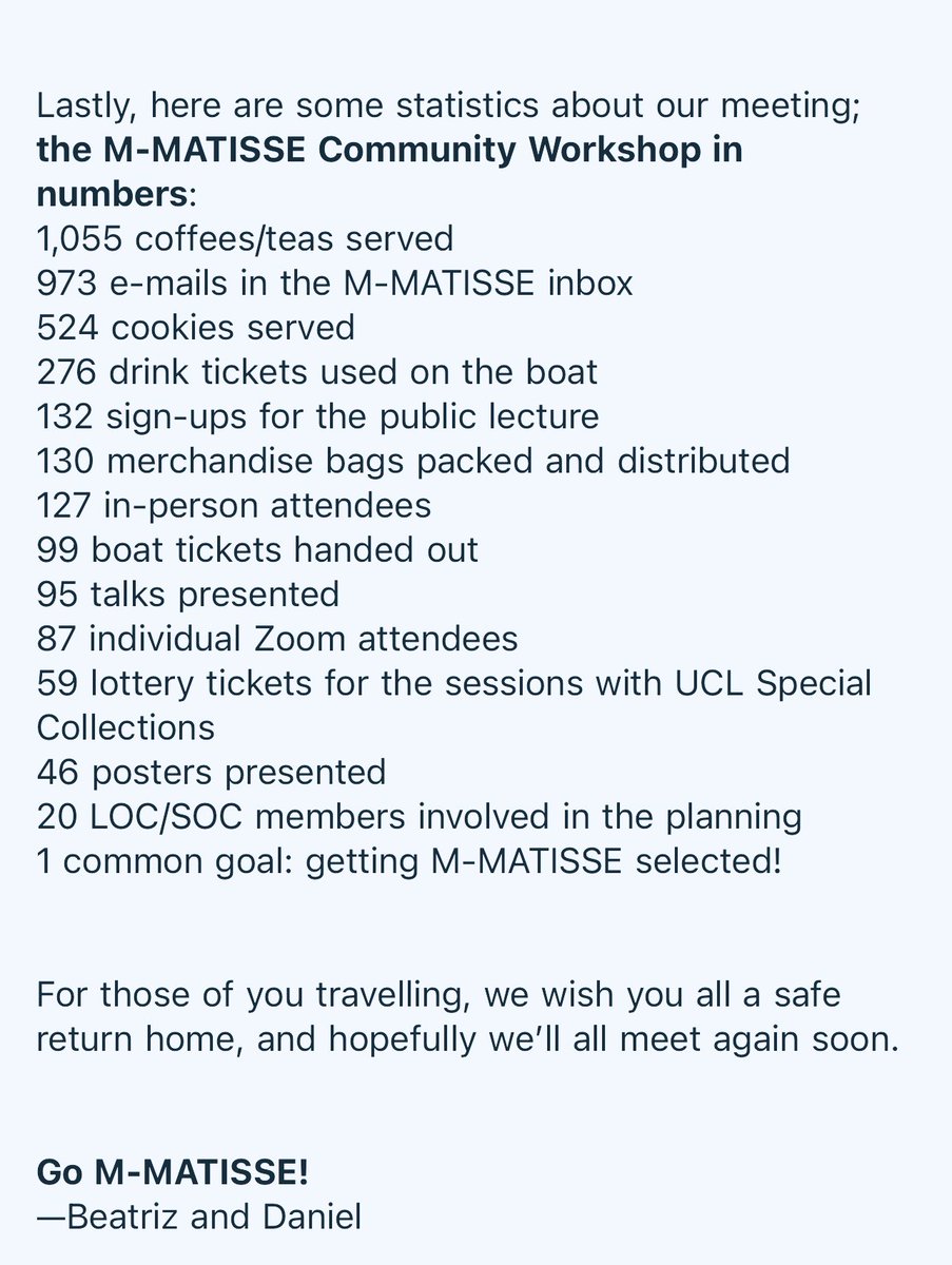 M-MATISSE workshop has concluded today, and what a week!  full of discussions to solidify the science of the mission and with a community very well engaged! ✨ I will for sure always remember this fantastic week ✨🛰🛰✨ Here a week in numbers! 🤩🥂