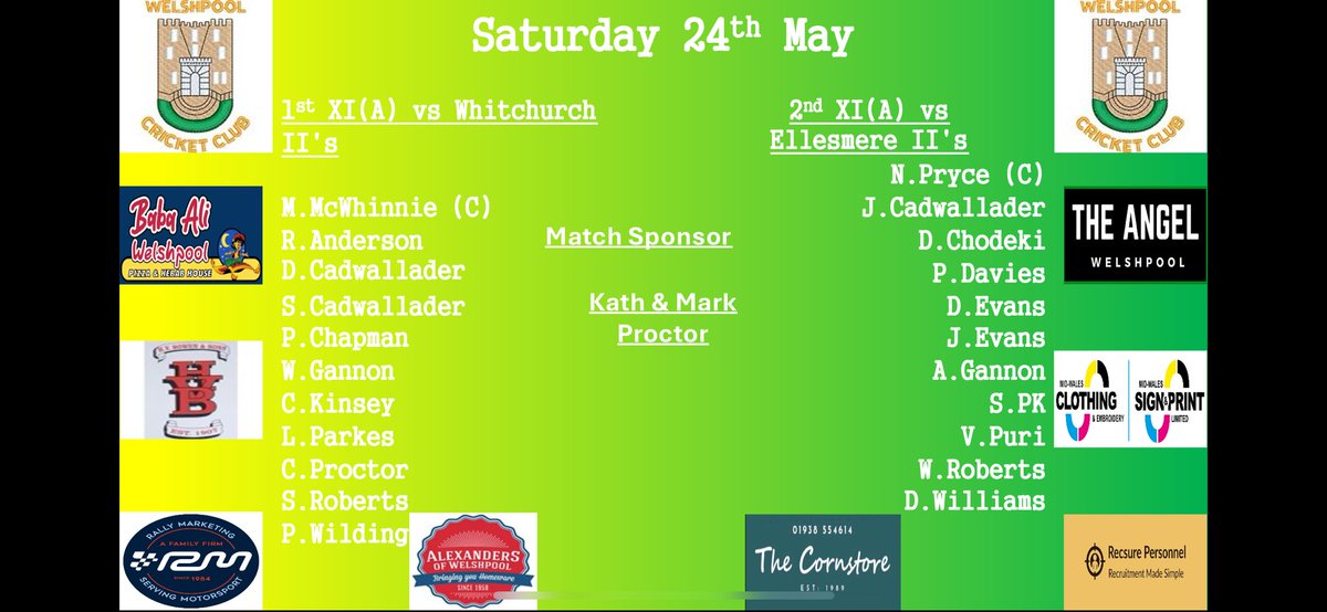 WelshpoolCC (@welshpoolcc) on Twitter photo Team news for tomorrow’s games. 1st XI host <a href="/WhitchurchCC1/">Whitchurch CC</a> II’s, 2nd XI travel to <a href="/Ellesmere_CC/">EllesmereCricketClub</a> II’s.
Match is sponsored by Kath & Mark Proctor. Team news for tomorrow’s games. 1st XI host <a href="/WhitchurchCC1/">Whitchurch CC</a> II’s, 2nd XI travel to <a href="/Ellesmere_CC/">EllesmereCricketClub</a> II’s.
Match is sponsored by Kath & Mark Proctor.