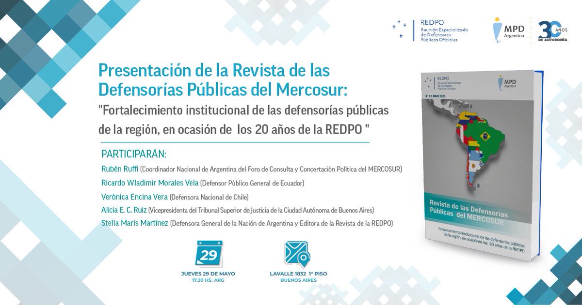 MpdArgentina's tweet photo. 📢 Presentamos la Revista de las Defensorías Públicas del Mercosur 
🗓 Jue 29/5 – 17:30 hs
📍 Lavalle 1832, CABA
🔹 A 20 años de la REDPO, debatimos sobre fortalecimiento institucional.
#REDPO #MPDArgentina #DefensoríasDelMercosur https://t.co/ds1x2fna7d