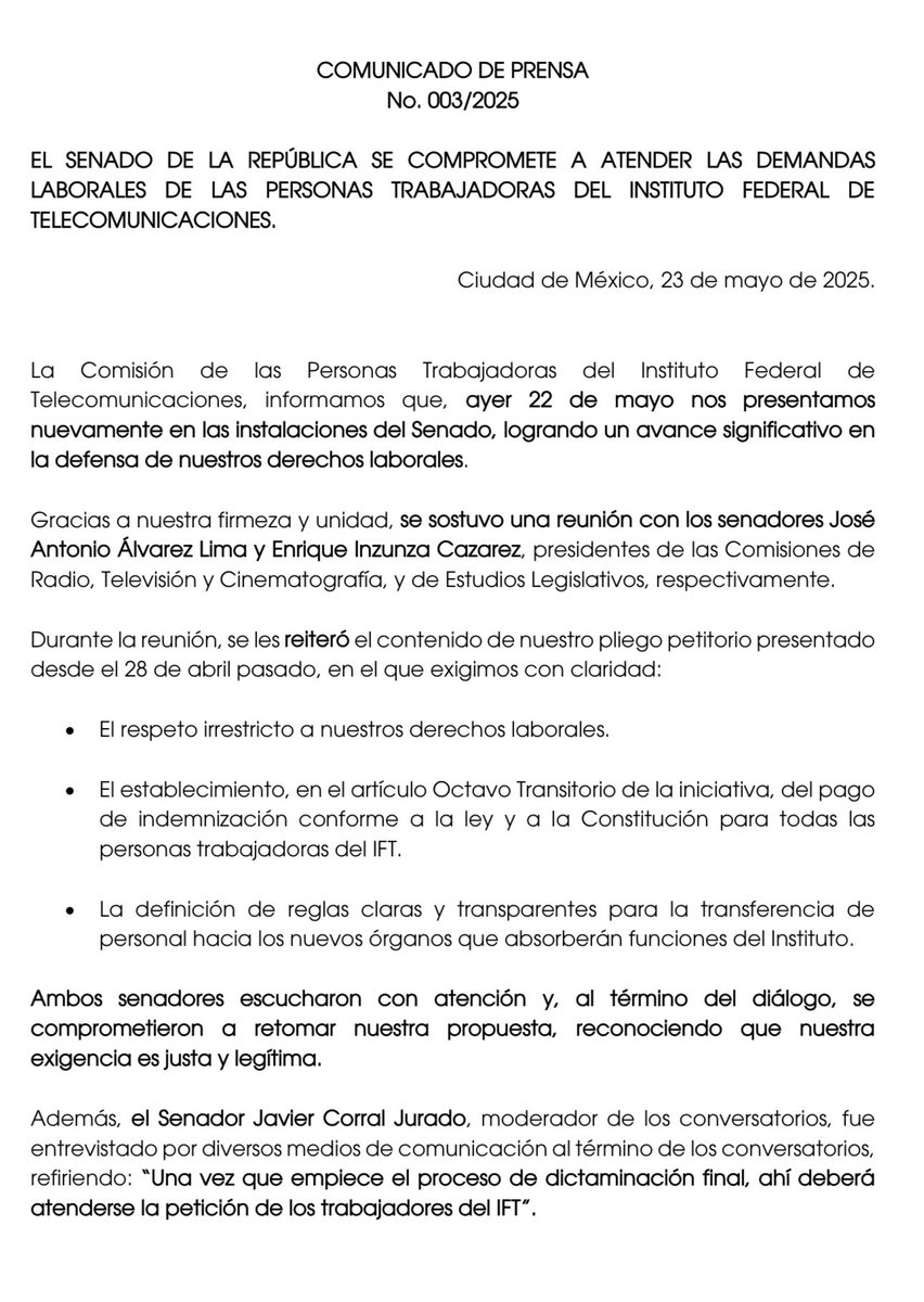IftTrabaja92510's tweet photo. 🟢📢 ATENTO COMUNICADO‼️

🔸 El día de ayer, la Comisión de Personas Trabajadoras del IFT logramos ser atendidos en el Senado. 

🔸 Senadores se COMPROMETIERON A ATENDER NUESTRAS DEMANDAS LABORALES 🙌🏼 

Aquí la información 👇🏼
#JuntosSomosIFT💚 https://t.co/4rHywZt2RJ