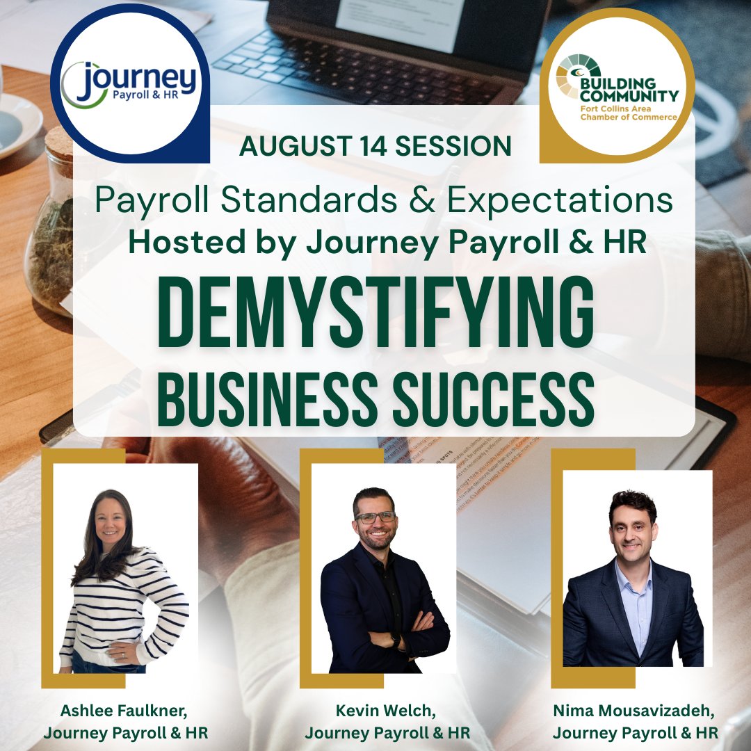 Fort Collins Chamber (@fccochamber) on Twitter photo Join the <a href="/JourneyPayroll/">Journey Payroll & HR</a> team for the third session of Demystifying Business Sucess! Breaking down payroll tax management, debunk common myths and clarifying employer responsibilities! Registration is free! Visit - fortcollinschamber.com/event/the-fort…
#DemystifyingBusinessSuccess Join the <a href="/JourneyPayroll/">Journey Payroll & HR</a> team for the third session of Demystifying Business Sucess! Breaking down payroll tax management, debunk common myths and clarifying employer responsibilities! Registration is free! Visit - fortcollinschamber.com/event/the-fort…
#DemystifyingBusinessSuccess