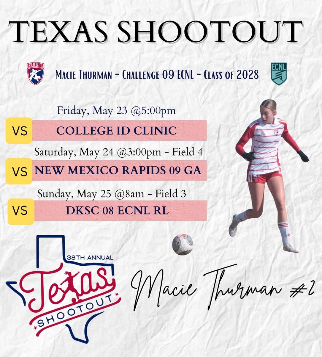 I look forward to playing with my team at the Texas Shootout in Round Rock! I will also be attending the ID Camp Friday night.