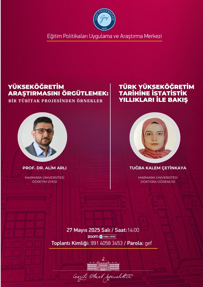 Tübitak 1001 araştırma projemizle ilgili ilk sunumu 27 Mayıs 2025 Salı günü saat 14:00'te Gazi Üniversitesi Eğitim Politikaları Araştırma Merkezi'nde  çevrimiçi olarak yapacağız. Bağlantı bilgileri görselde yer almaktadır. İlgililerine duyurulur