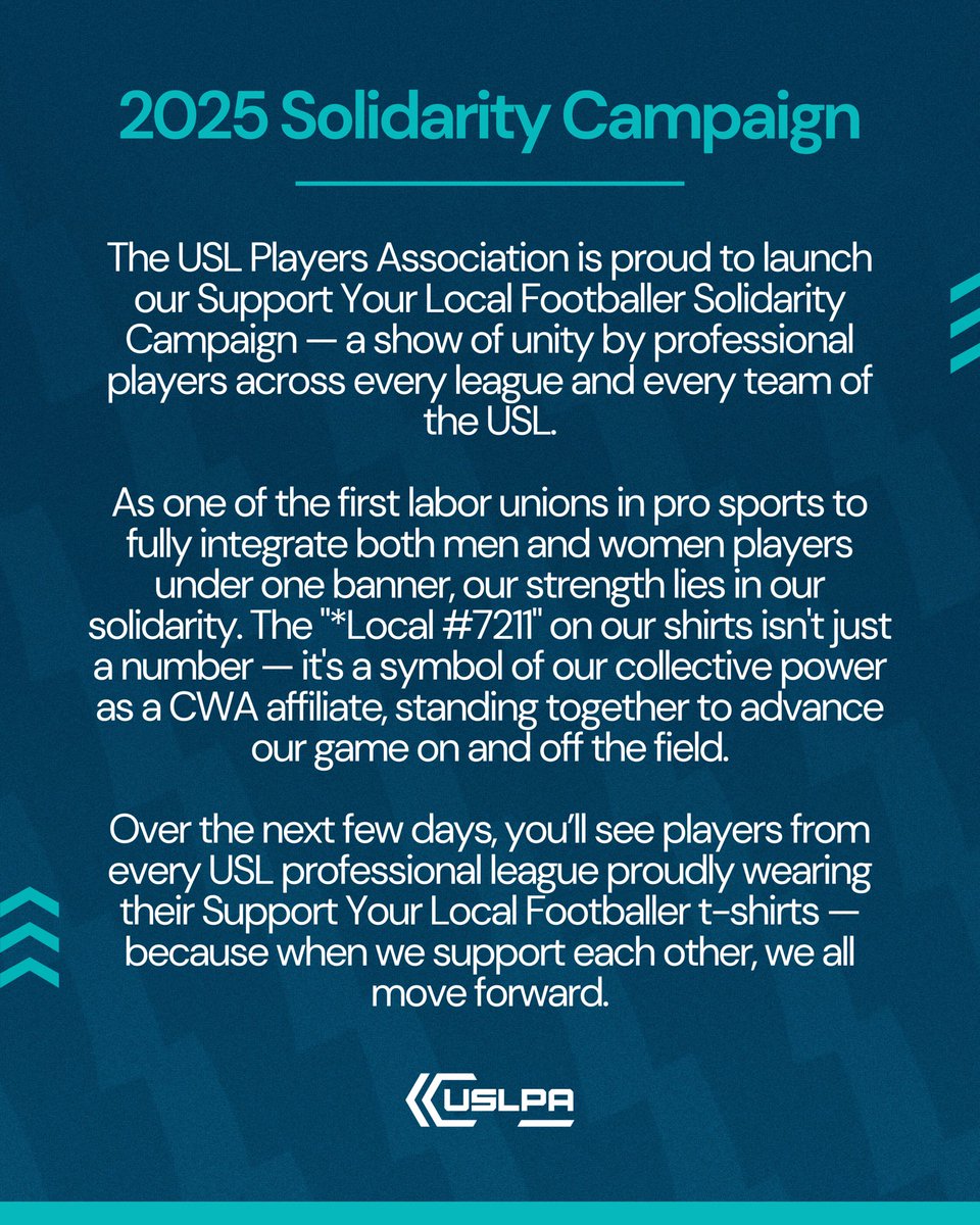 USLPlayers's tweet image. We’re excited kick-off our 2025 Solidarity Campaign this weekend! Over the next several days, we’ll be highlighting players across the USL as they sport their ‘Support Your Local Footballer’ shirts and demonstrate the power of uniting for one common message.