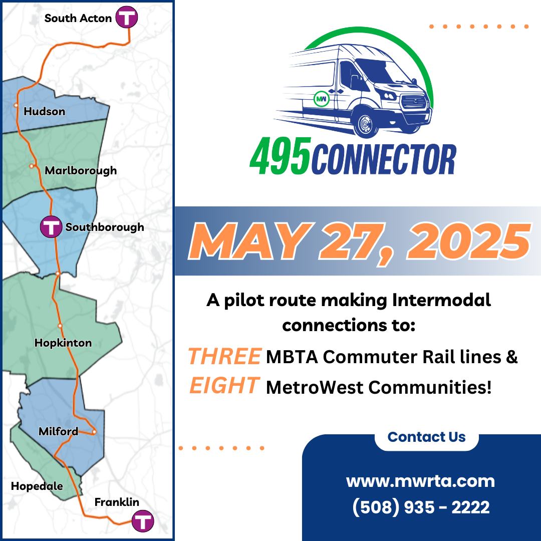 🚉Attention commuters! On May 27, the <a href="/MWRTA/">MWRTA</a> is launching the 495 Connector, a service that travels along Route 85 and connects riders to 3 MBTA Commuter Rail Stations and 8 MetroWest communities, including Marlborough.

ℹ️For more details, visit mwrta.com.

#MWRTA