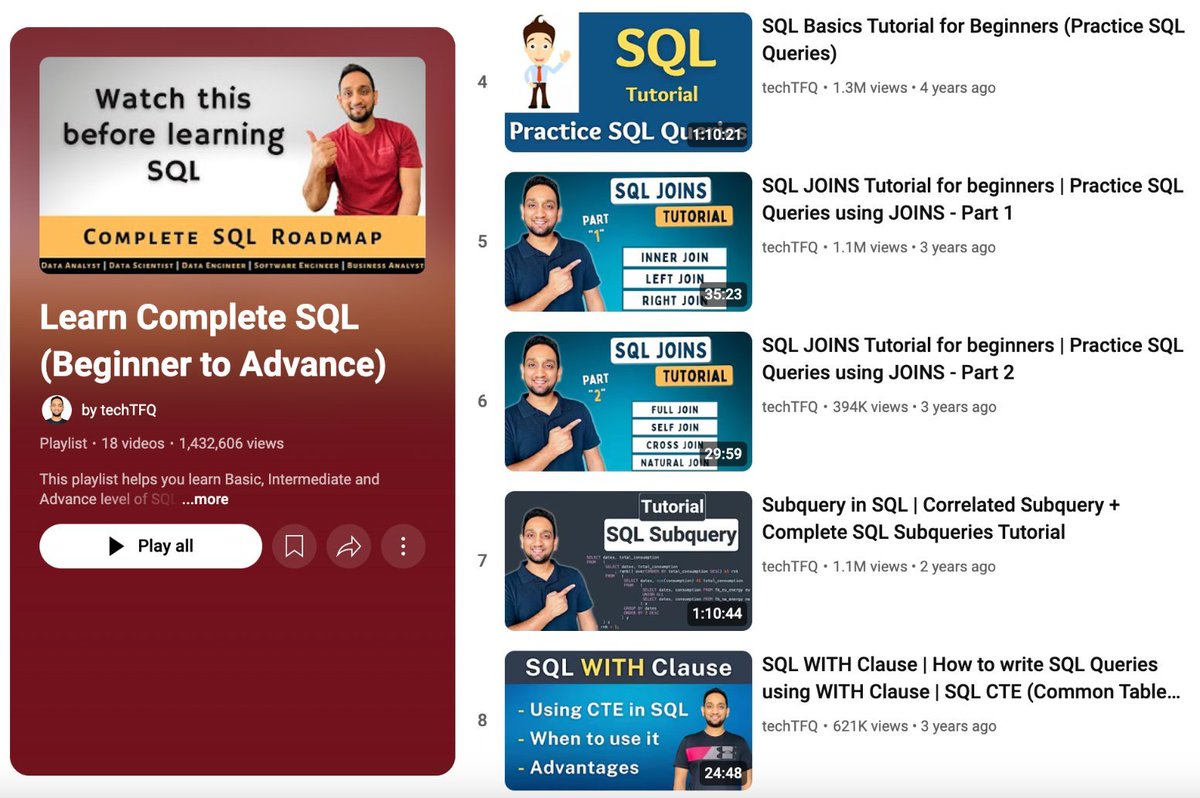 This has to be the best "SQL" playlist ever.

SQL, MySQL, Oracle, SQL Server, and PostgreSQL.