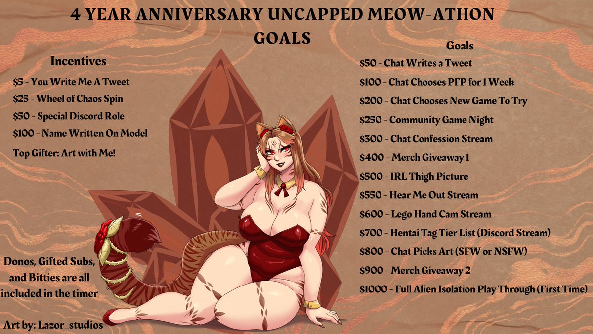 🌹4 Year Stream Anniversary Uncapped Meow-Athon!

🌹Join me and some amazing friends as we celebrate 4 years of streaming starting Sunday, June 1st at 12 pm EST!

New merch, new music, and so much more🧡