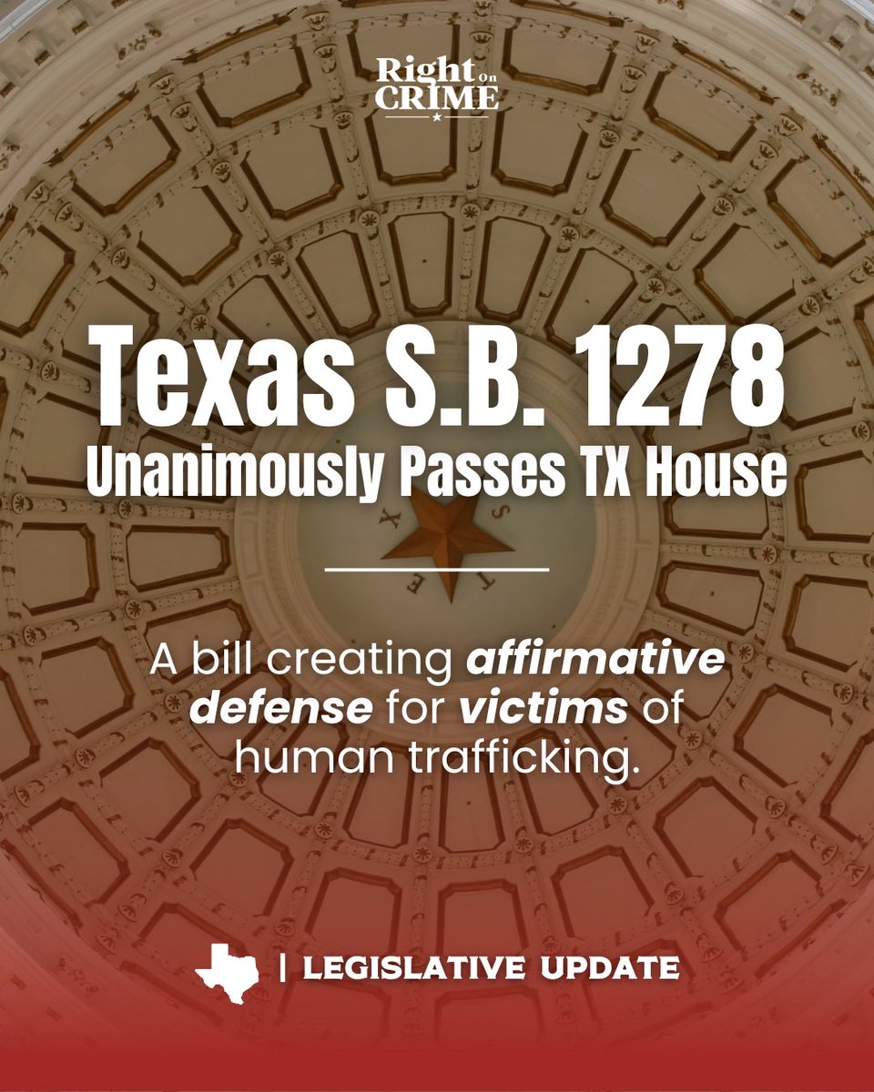 Right On Crime (@rightoncrime) on Twitter photo With unanimous support from both the Texas House and Senate, SB 1278 is on its way to the desk of Texas Gov. <a href="/GregAbbott_TX/">Greg Abbott</a> . Thank you Sen. <a href="/TanParkerTX/">Senator Tan Parker</a> and Rep. <a href="/Senfronia4Texas/">Senfronia Thompson</a> for creating an affirmative defense for human trafficking victims #txlege <a href="/nikkipressley_/">Nikki Pressley</a> With unanimous support from both the Texas House and Senate, SB 1278 is on its way to the desk of Texas Gov. <a href="/GregAbbott_TX/">Greg Abbott</a> . Thank you Sen. <a href="/TanParkerTX/">Senator Tan Parker</a> and Rep. <a href="/Senfronia4Texas/">Senfronia Thompson</a> for creating an affirmative defense for human trafficking victims #txlege <a href="/nikkipressley_/">Nikki Pressley</a>