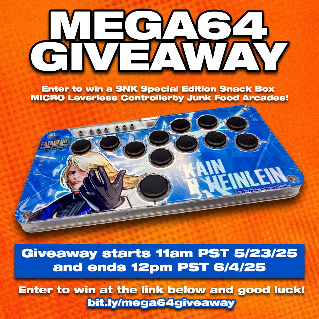 mega64's tweet image. We're giving away a SNK Special Edition Snack Box Micro controller from @junkfoodarcades! You have until 12pm PST on June 4th where we will be announcing the winner live on Mega64 Day. Follow the link to enter the giveaway! bit.ly/mega64giveaway
