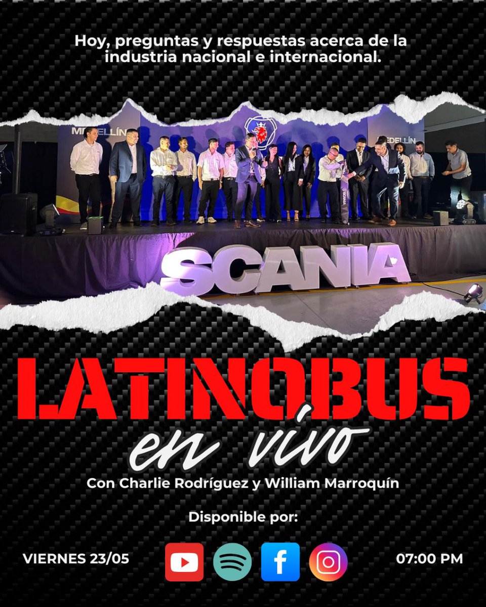 Hoy 23 de mayo, a las 7PM (hora Colombia/Ecuador/Perú), 8PM (Venezuela), 9PM (Argentina/Chile) y 6PM (México) es nuestra cita con la actualidad de la industria del bus, en #latinobusenvivo
 con la audiencia, hablando de las novedades y lanzamientos de la industria ¡Te esperamos!