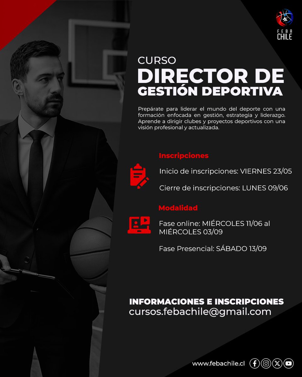 𝗜𝗻𝘀𝗰𝗿𝗶𝗽𝗰𝗶𝗼𝗻𝗲𝘀 𝗮𝗯𝗶𝗲𝗿𝘁𝗮𝘀 𝗽𝗮𝗿𝗮 𝗲𝗹 𝗖𝘂𝗿𝘀𝗼 𝗱𝗲 𝗗𝗶𝗿𝗲𝗰𝘁𝗼𝗿 𝗱𝗲 𝗚𝗲𝘀𝘁𝗶𝗼́𝗻 𝗗𝗲𝗽𝗼𝗿𝘁𝗶𝘃𝗮 🏀

Si te apasiona el deporte y quieres profundizar en su gestión, ésta es tu oportunidad de conocer herramientas fundamentales en temas de