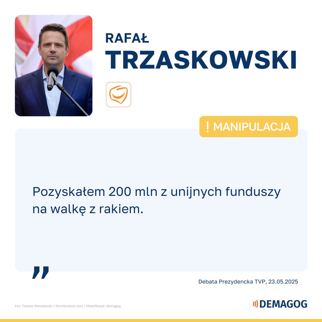 🔎 DEMAGOG (@demagogpl) on Twitter photo Sprawdzamy pierwszą wypowiedź!
#FactCheckLive
"Pozyskałem 200 mln z unijnych funduszy na walkę z rakiem." - <a href="/trzaskowski_/">Rafał Trzaskowski</a> <a href="/Platforma_org/">PlatformaObywatelska</a>
Cztery warszawskie szpitale: Bielański, Praski, Czerniakowski i Południowy, otrzymają z UE w ramach Krajowego Planu Odbudowy 216 mln zł na Sprawdzamy pierwszą wypowiedź!
#FactCheckLive
"Pozyskałem 200 mln z unijnych funduszy na walkę z rakiem." - <a href="/trzaskowski_/">Rafał Trzaskowski</a> <a href="/Platforma_org/">PlatformaObywatelska</a>
Cztery warszawskie szpitale: Bielański, Praski, Czerniakowski i Południowy, otrzymają z UE w ramach Krajowego Planu Odbudowy 216 mln zł na