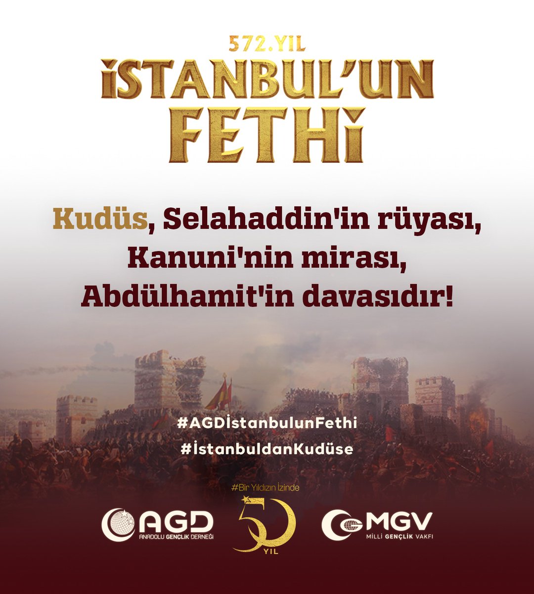 Kudüs, Selahaddin'in rüyası, Kanuni'nin mirası, Abdülhamit'in davasıdır!  

#İstanbuldanKudüse 
#AGDİstanbulunFethi 
#YönünüFetheÇevir