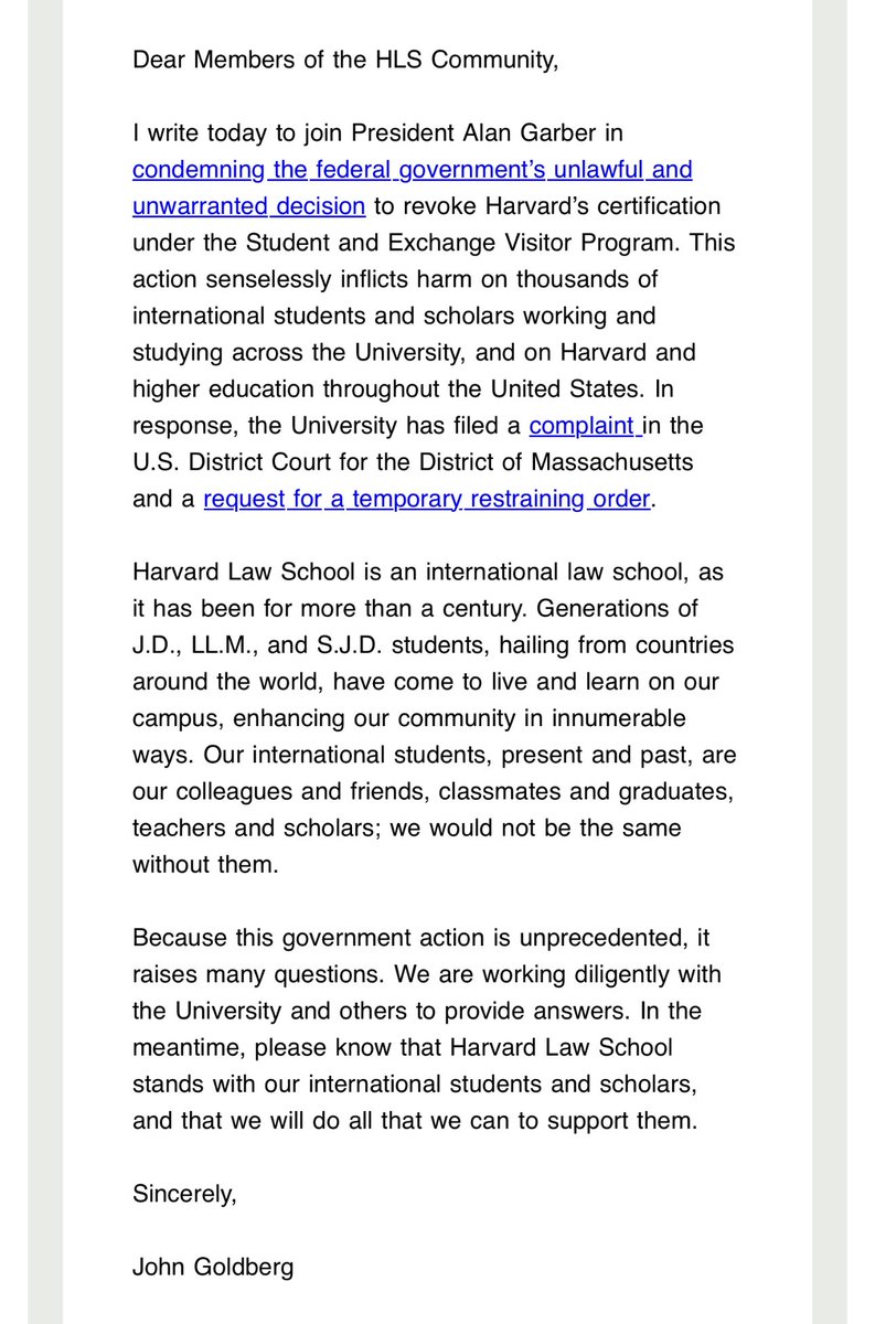 INBOX: Here’s the message that Interim Dean John Goldberg sent to the Harvard Law School community earlier today regarding support for international students amid the Trump administration’s efforts to revoke the university’s student exchange certification.