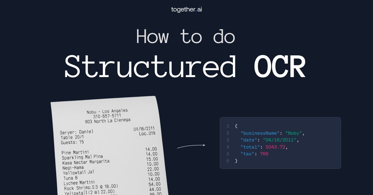 nutlope's tweet image. New guide: How to do OCR!
I go over how to use vision models to do:
◆ Regular OCR (image/doc -&gt; Markdown)
◆ Structured OCR (image/doc -&gt; JSON)
◆ Best practices for OCR w/ vision models