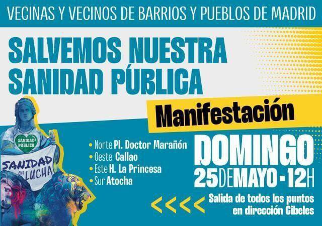 📢 Este domingo 25 de mayo salimos a la calle por nuestra sanidad pública.
Vecinas y vecinos de Madrid nos unimos en defensa de lo que es de todas.

🕛 12:00h desde los 4 puntos hacia Cibeles.

¡Nos vemos ahí! 💜✊🏾

#SanidadPública #MadridSeLevanta