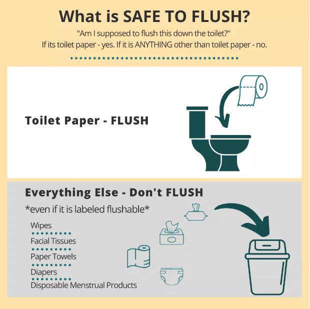 A reminder as we head into the holiday weekend. The only thing that should be flushed is toilet paper. 
Even if the packaging says "flushable", it truly is not. 
Have a great weekend!