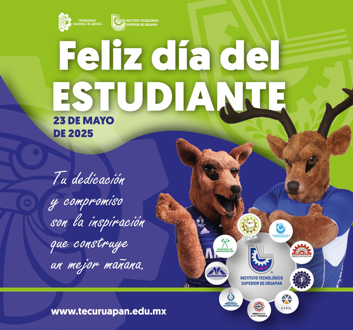 tec_uruapan's tweet photo. 🎓✨ ¡Feliz Día del Estudiante! ✨📚
Hoy celebramos tu esfuerzo, tu pasión por aprender y esas ganas de cambiar el mundo.
Sigue soñando en grande, que el futuro es tuyo. 🙌💡
#DíaDelEstudiante #OrgulloEstudiantil #FuturoBrillante #TecNM #TecNMCercaDeTi #OrgulloTecNM https://t.co/4iVovogEw6