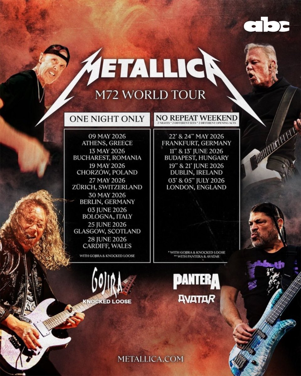 Romance985's tweet image. #ABCNews | ⚡️¡METALLICA VUELVE A EUROPA EN 2026! 🔥

🤘 La legendaria banda de metal @metallica está de regreso con su «M72 World Tour». 

📍 Pasarán por 9 ciudades europeas con 16 conciertos épicos e incluirán el famoso formato #NoRepeatWeekend, dos noches y dos setlists