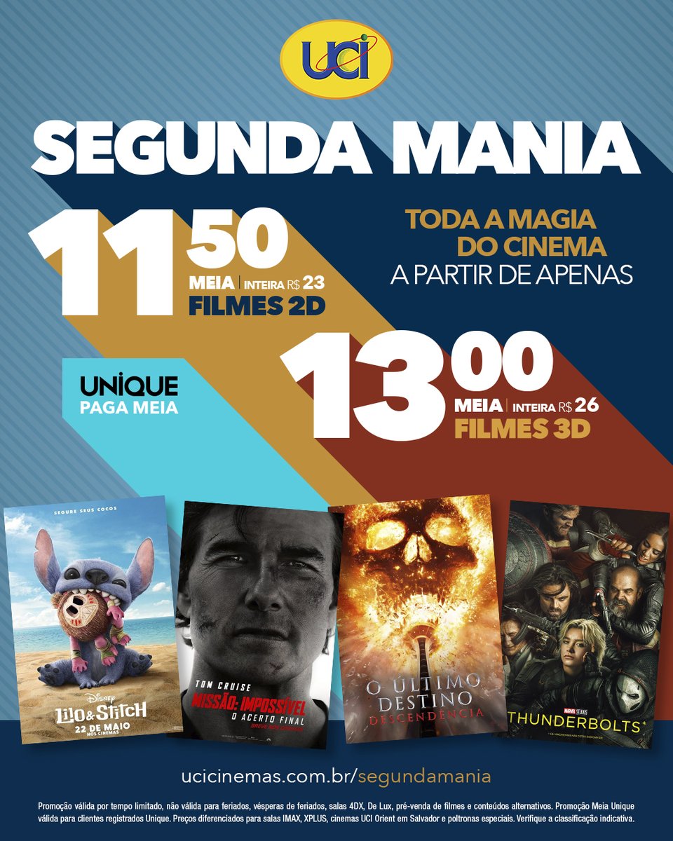 A próxima #SegundaManiaUCI tá chegando com um precinho especial para você começar a semana se divertindo no cinema. Aproveita os filmes em cartaz e vem pra #UCI! 🎬🍿