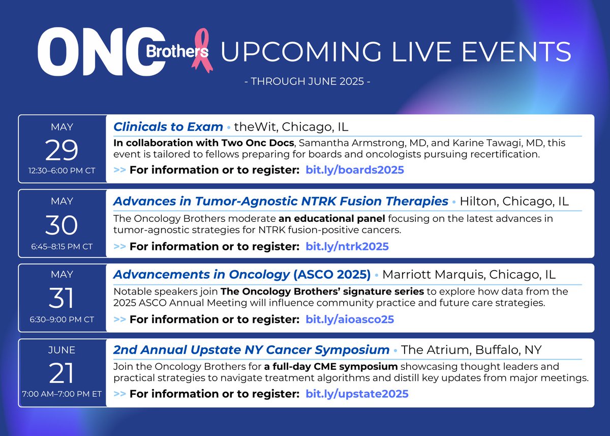 Oncology Brothers (@oncbrothers) on Twitter photo Upcoming live events around #ASCO25
📅 May 29: Oncology Board Review w/<a href="/TwoOncDocs/">TwoOncDocs</a> in Chicago
✅ Register: bit.ly/boards2025
📅 May 30: Tumor Agnostic NTRK, w/ <a href="/MedscapeOnc/">Medscape Oncology</a> in Chicago
✅ Register: bit.ly/ntrk2025
📅 May 31: Adv in Oncology, in Chicago
✅ Upcoming live events around #ASCO25
📅 May 29: Oncology Board Review w/<a href="/TwoOncDocs/">TwoOncDocs</a> in Chicago
✅ Register: bit.ly/boards2025
📅 May 30: Tumor Agnostic NTRK, w/ <a href="/MedscapeOnc/">Medscape Oncology</a> in Chicago
✅ Register: bit.ly/ntrk2025
📅 May 31: Adv in Oncology, in Chicago
✅
