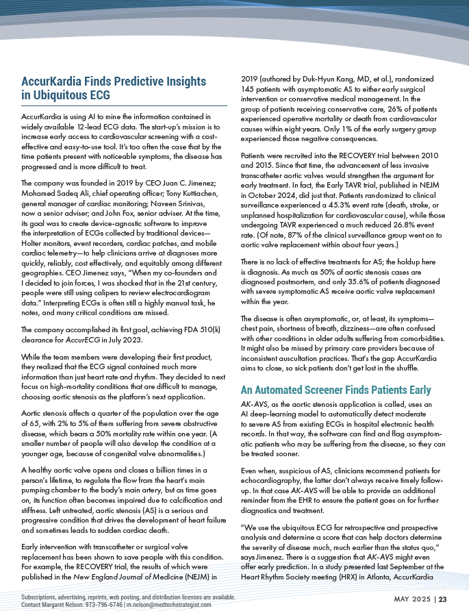 AccurKardia's tweet photo. Honored to feature in @MedTechStrat's  May ’25 cover, “AI: Cardiology’s Crystal Ball.” #AccurECG (FDA-cleared) + investigational: AK-AVS &amp; AK+ Guard show how ECG AI can detect arrhythmias, aortic stenosis &amp; hyperkalemia early. #DigitalHealth #ECGInnovation #Cardiology https://t.co/PAx6xrhApb