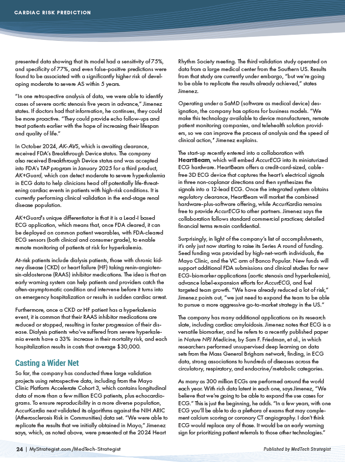 AccurKardia's tweet photo. Honored to feature in @MedTechStrat's  May ’25 cover, “AI: Cardiology’s Crystal Ball.” #AccurECG (FDA-cleared) + investigational: AK-AVS &amp; AK+ Guard show how ECG AI can detect arrhythmias, aortic stenosis &amp; hyperkalemia early. #DigitalHealth #ECGInnovation #Cardiology https://t.co/PAx6xrhApb