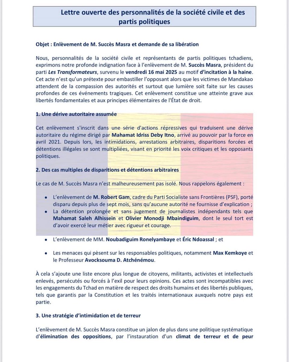 Hajj_ar's tweet photo. Lettre ouverte pour demander la mise en liberté de l'ancien premier ministre Succès Masra, injustement incarcéré, et dénoncer la dérive autoritaire du régime du président Mahamat Idriss Déby @marechalmidi @OnuTchad @AllamayeHalina
@ONU_fr @_AfricanUnion @CourPenaleInt https://t.co/VcmeBuZ6Df