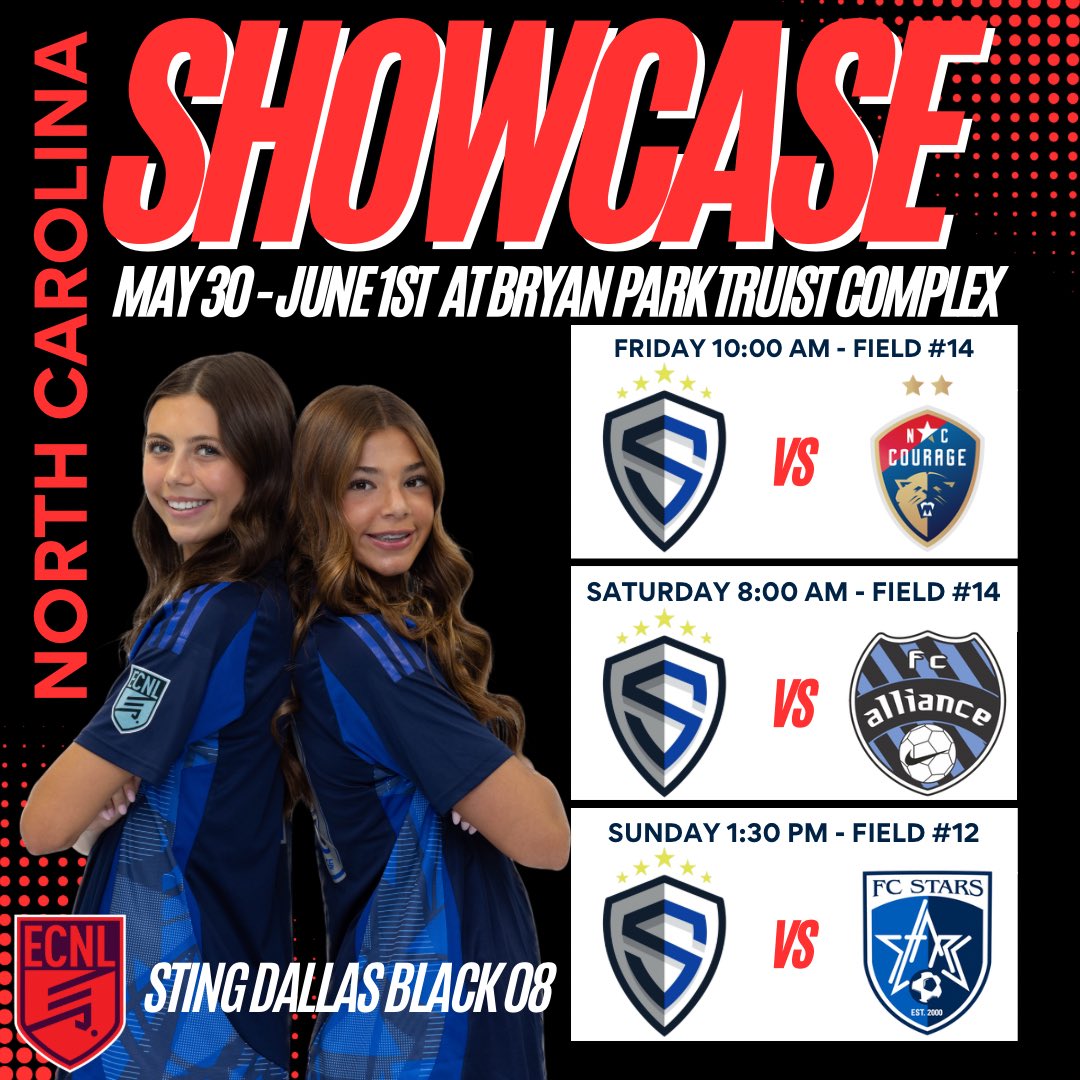 Sting 08 Black ECNL (@stingecnl08) on Twitter photo Here we come North Carolina! Excited for the opportunity.
<a href="/CoachTatu/">Tatu</a> <a href="/StingSoccerClub/">Sting Soccer Club</a> <a href="/TopDrawerSoccer/">TopDrawerSoccer</a> <a href="/PrepSoccer/">Prep Soccer ⚽️</a> <a href="/ImYouthSoccer/">ECNL/GA/Recruiting/College Soccer</a> Here we come North Carolina! Excited for the opportunity.
<a href="/CoachTatu/">Tatu</a> <a href="/StingSoccerClub/">Sting Soccer Club</a> <a href="/TopDrawerSoccer/">TopDrawerSoccer</a> <a href="/PrepSoccer/">Prep Soccer ⚽️</a> <a href="/ImYouthSoccer/">ECNL/GA/Recruiting/College Soccer</a>