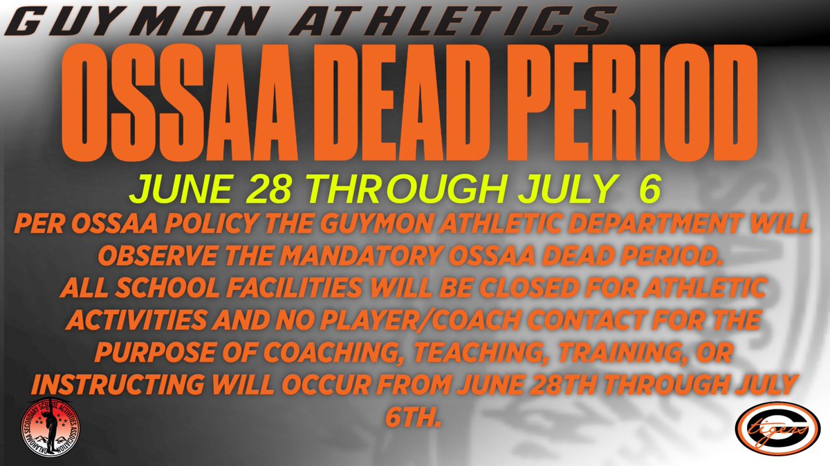 📢 OSSAA Dead Period: June 28 – July 6 ⛔

All school facilities will be closed. No athletic activities or player/coach contact for coaching, training, or instruction.