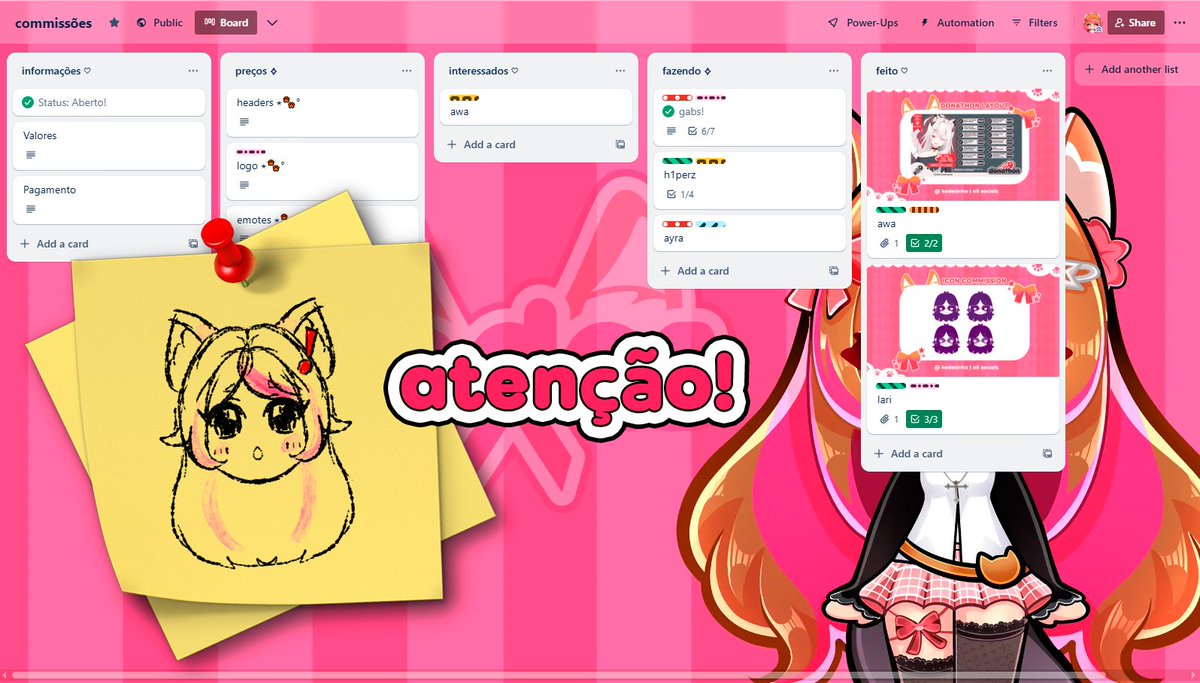 Acredito que agora finalizei o trello por completo!
O link está tanto na bio quanto no fixado. Prestem atenção que teve uma mudança de preços, mas não se preocupem que tenho algumas ideias para anunciar semana que vem! Fiquem de olho nas promoções ;3