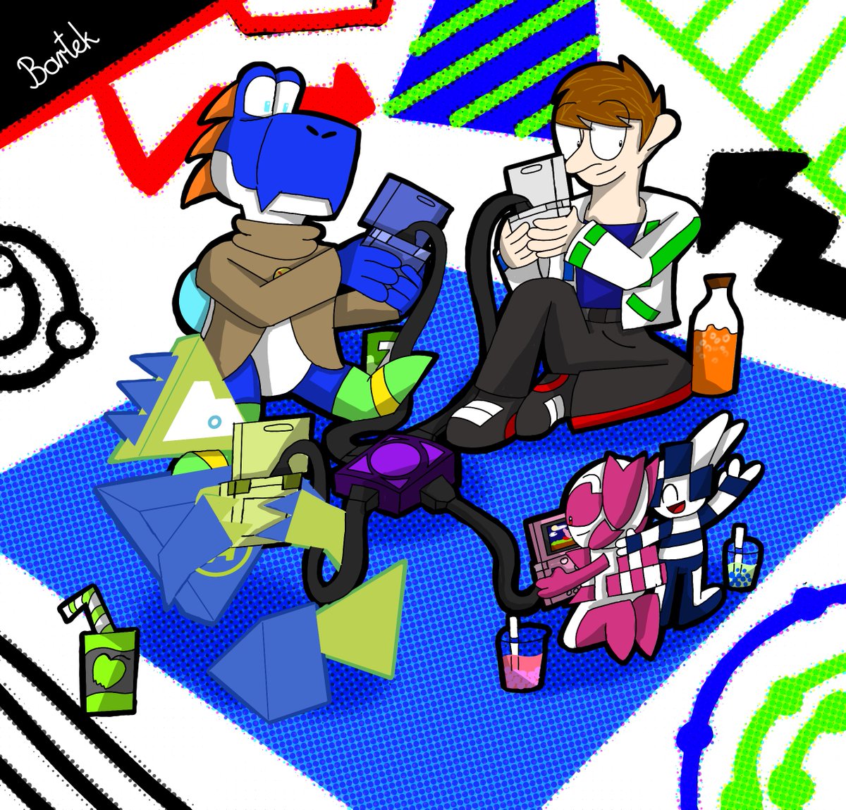 BartexPL05's tweet image. Team Retro (+ Miraitowa and Someity) just gaming on GBA consoles. (Credit to @RMaster94 for Retroshi and Trigona) #Miraitowa #Someity #Art #artwork #GBA