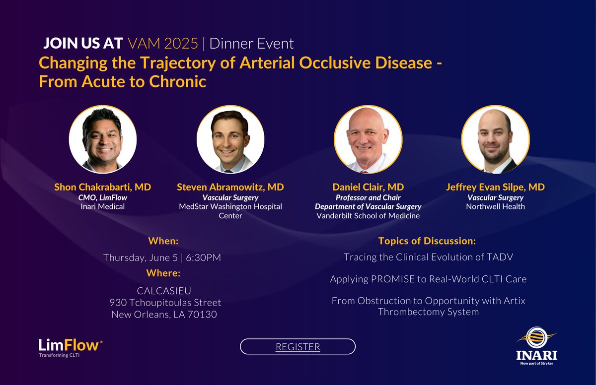 Join us for an Exclusive Learn &amp; Dine at #VAM25 in New Orleans!

Don’t miss this chance to connect with peers, expand your knowledge, and be part of the conversation shaping tomorrow’s care.

Register: bit.ly/vam25-dinner

#InariMedical #LimFlow #PROMISE #Artix #CLTI #TADV