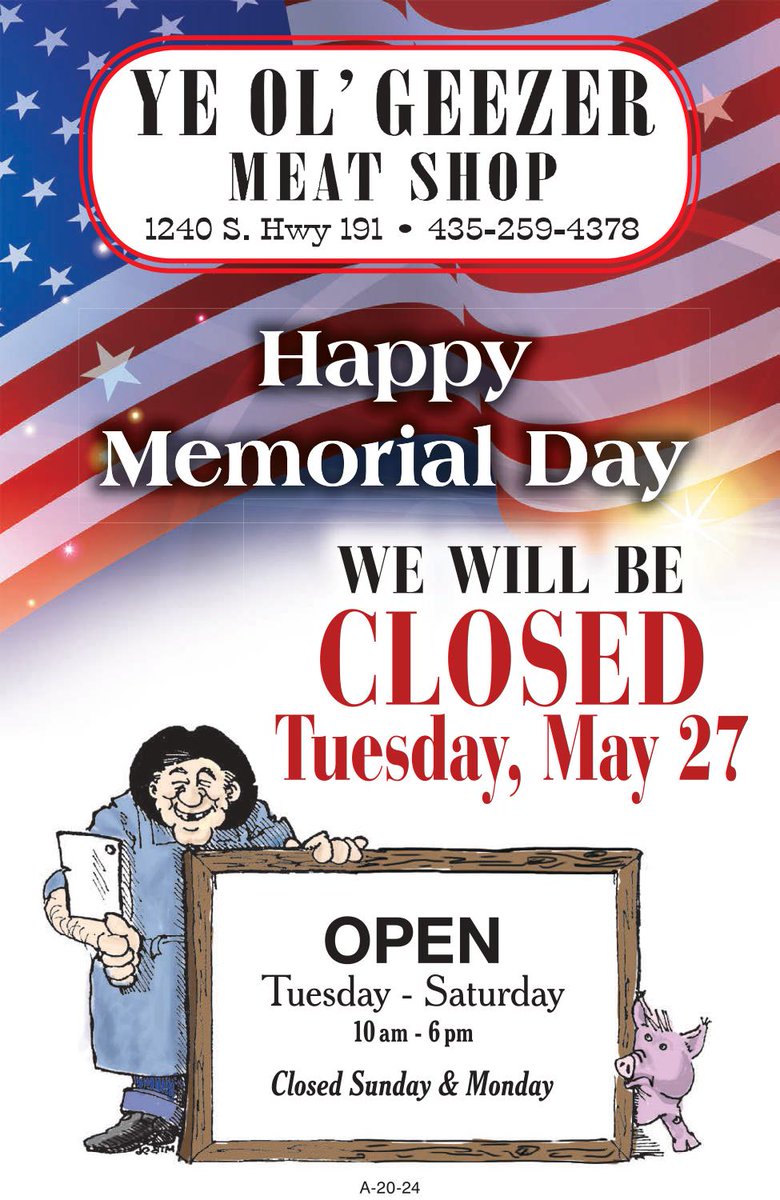 Geezer_meats's tweet photo. Happy Memorial Day!!!!

#MemorialDay2025 #yeolgeezermeatshop #geezermeatshop #bestmeatinmoab #bestmeatintown #beststeaksintown #moab #moabutah #moabutah🏜 #nobodybeatsgeezers https://t.co/Jv3daLFqMr