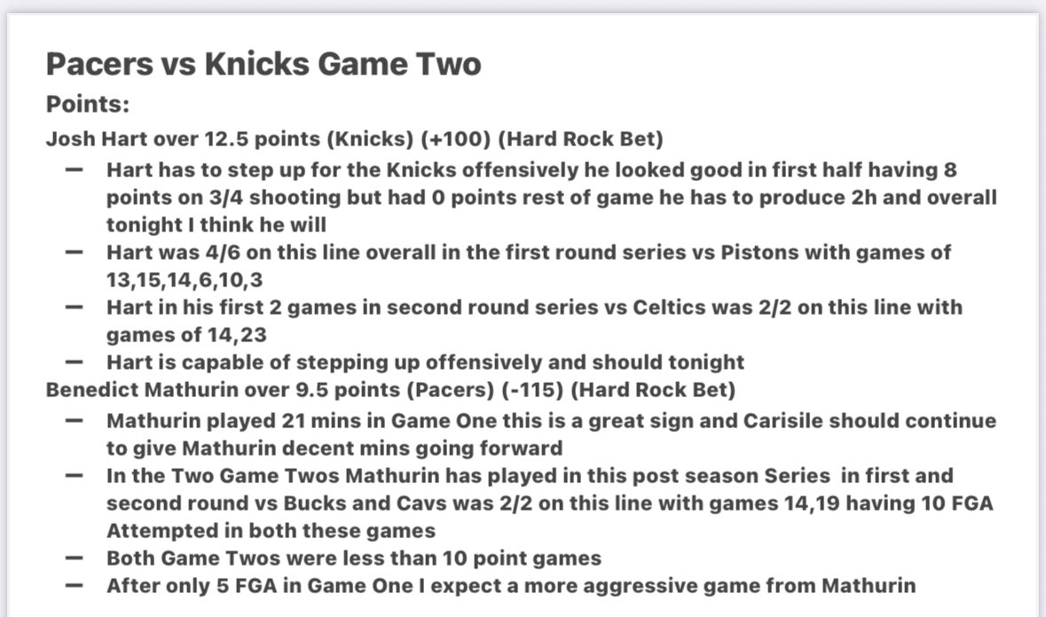 Betitjon's tweet image. Pacers vs Knicks Game Two
- ❤️ if playing Hart or Mathurin
- Both have to step up for their respective teams offensively
Josh Hart over 12.5 points
Benedict Mathurin over 9.5 points
#gamblingx #prizepicks #prizepicksnba #NBAPlayoffs #underdogfantasy #hardrockbet #fliff