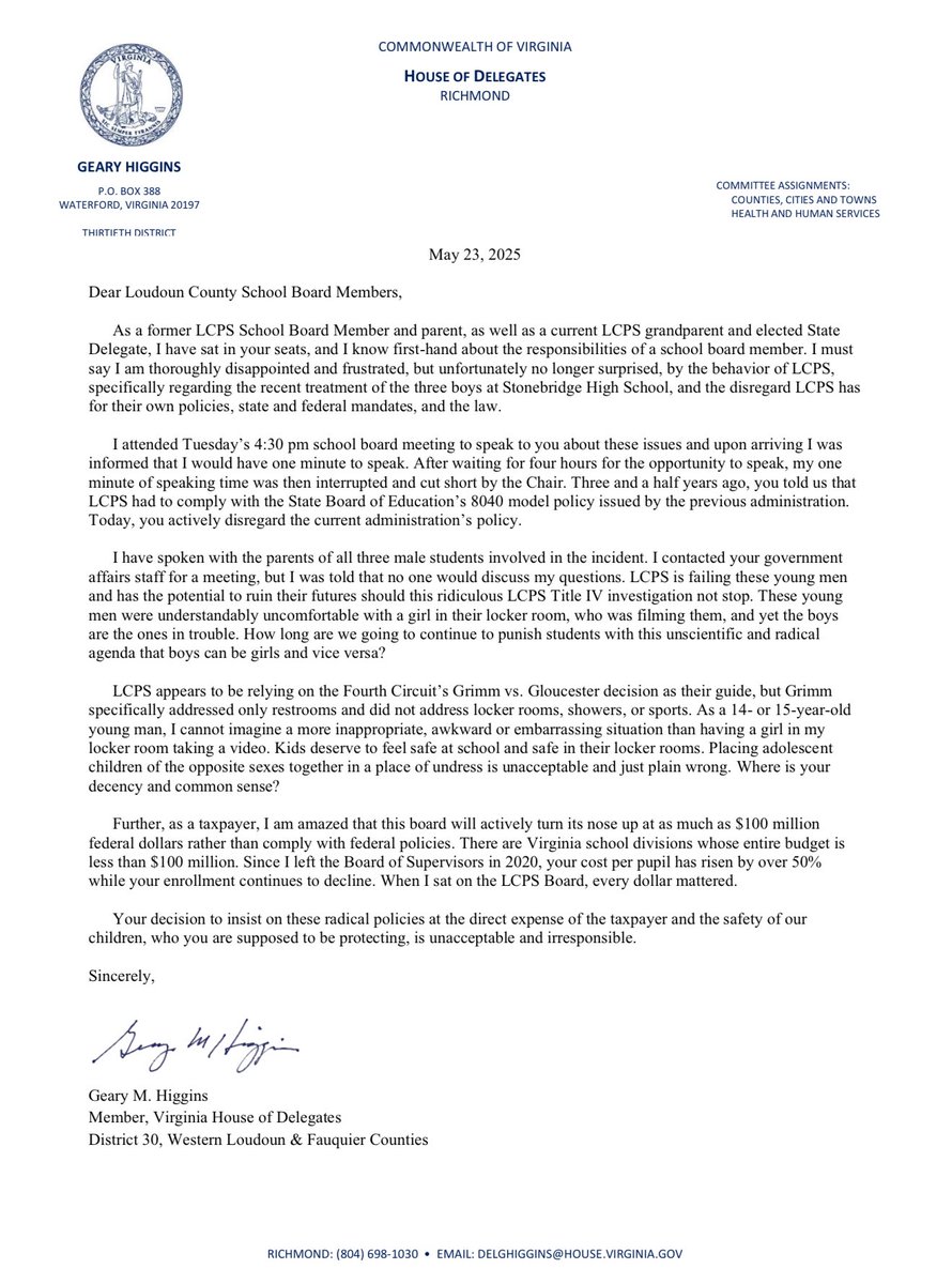 🚨READ: Open Letter to the Loudoun County School Board 

Read my letter below regarding the ridiculous Title IX investigation into three Stone Bridge High School boys and the Board’s decision to waste $100 million rather than comply with Federal policies.