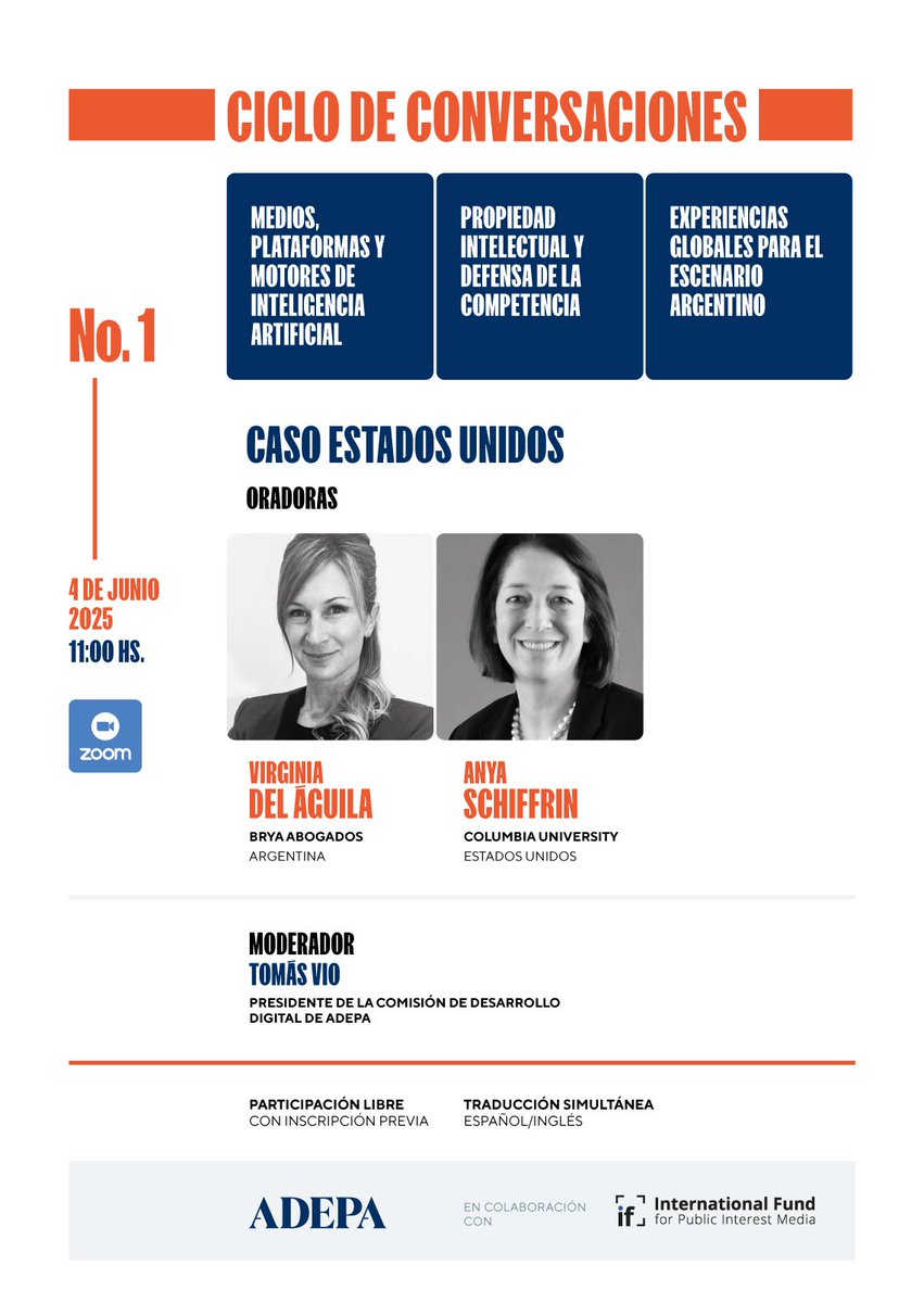 <a href="/Adepargentina/">ADEPA</a> invita al ciclo de conversaciones: “Medios, plataformas y motores de inteligencia artificial: Propiedad intelectual y defensa de la competencia. Experiencias globales para el escenario argentino”.

La primera sesión se enfoca en la situación de Estados Unidos.

📅