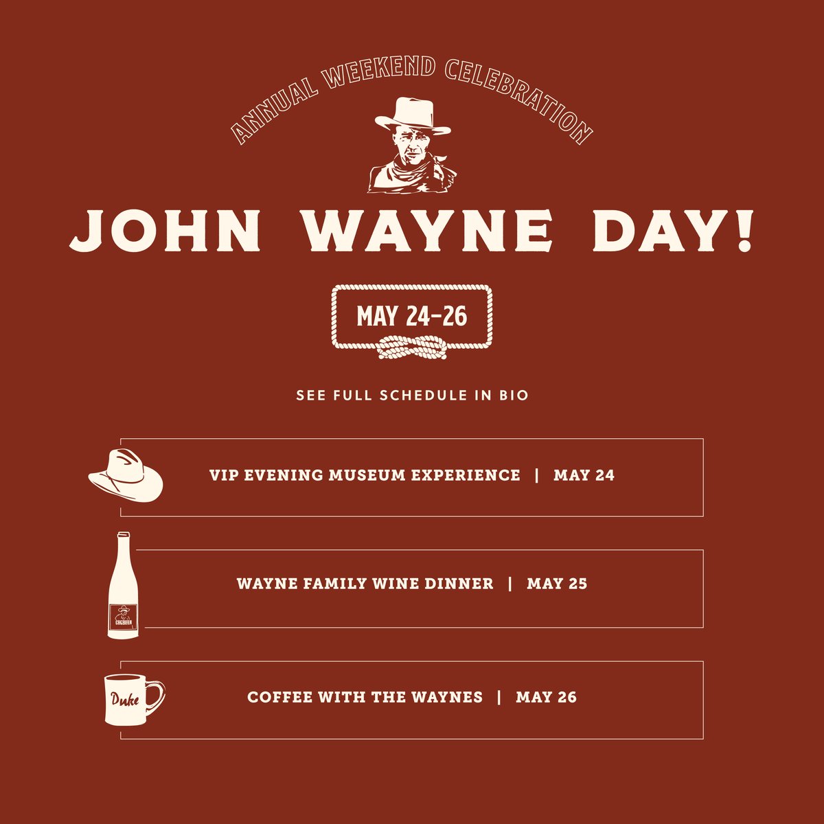 John Wayne Day Weekend kicks off tomorrow in Fort Worth!
Join us for museum events, exclusive merch, a wine dinner with the Wayne family &amp; more. Secure your tickets: bit.ly/4a1XeTs
#JohnWayneDay #FortWorthEvents #WesternHeritage