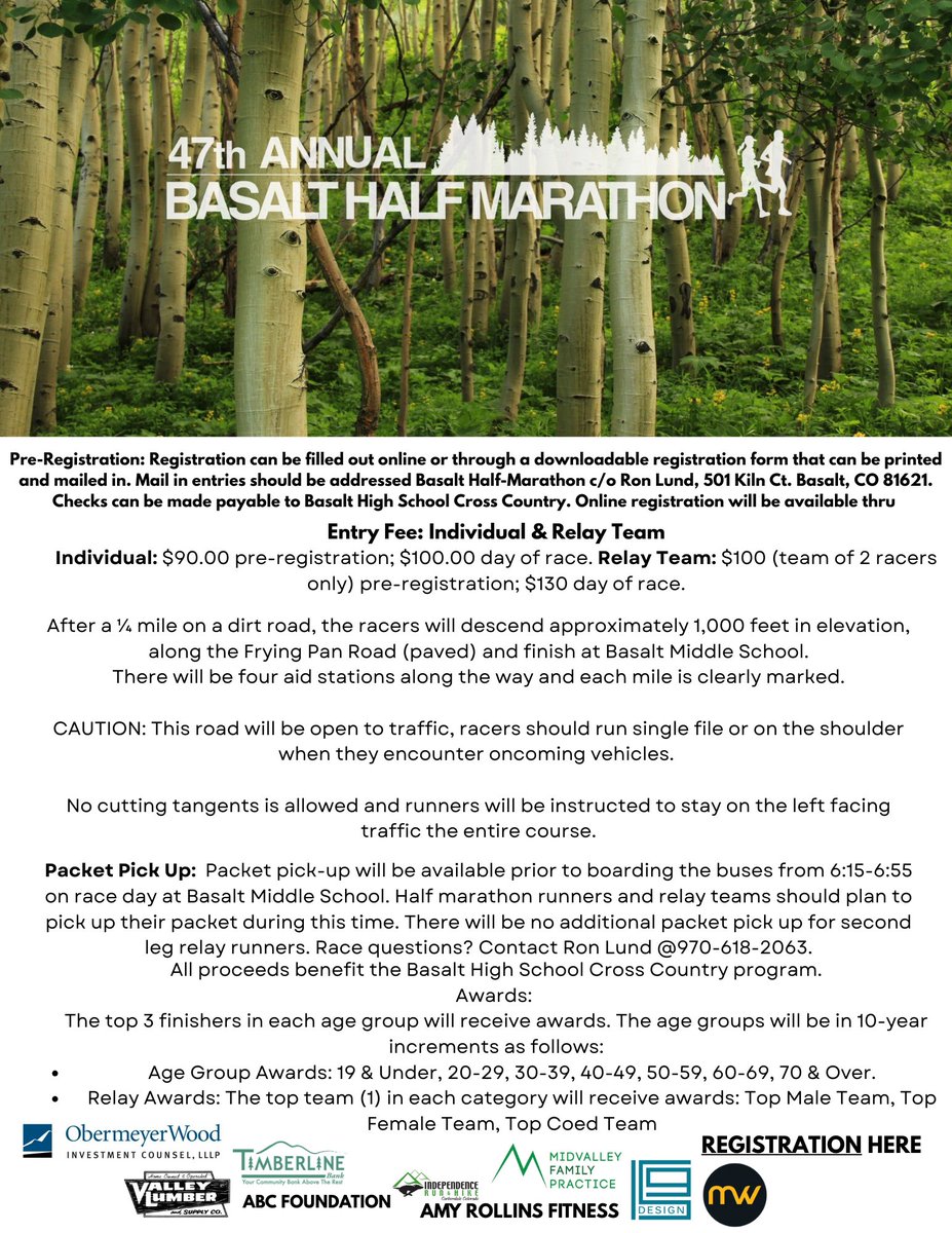 The BHS Cross Country Team is hosting their annual fundraiser - The Basalt Half Marathon! Get out &amp; run as an individual or as a relay! 
El equipo de Campo Traviesa de BHS organiza su evento anual de recaudación de fondos: ¡la Media Maratón de Basalt!