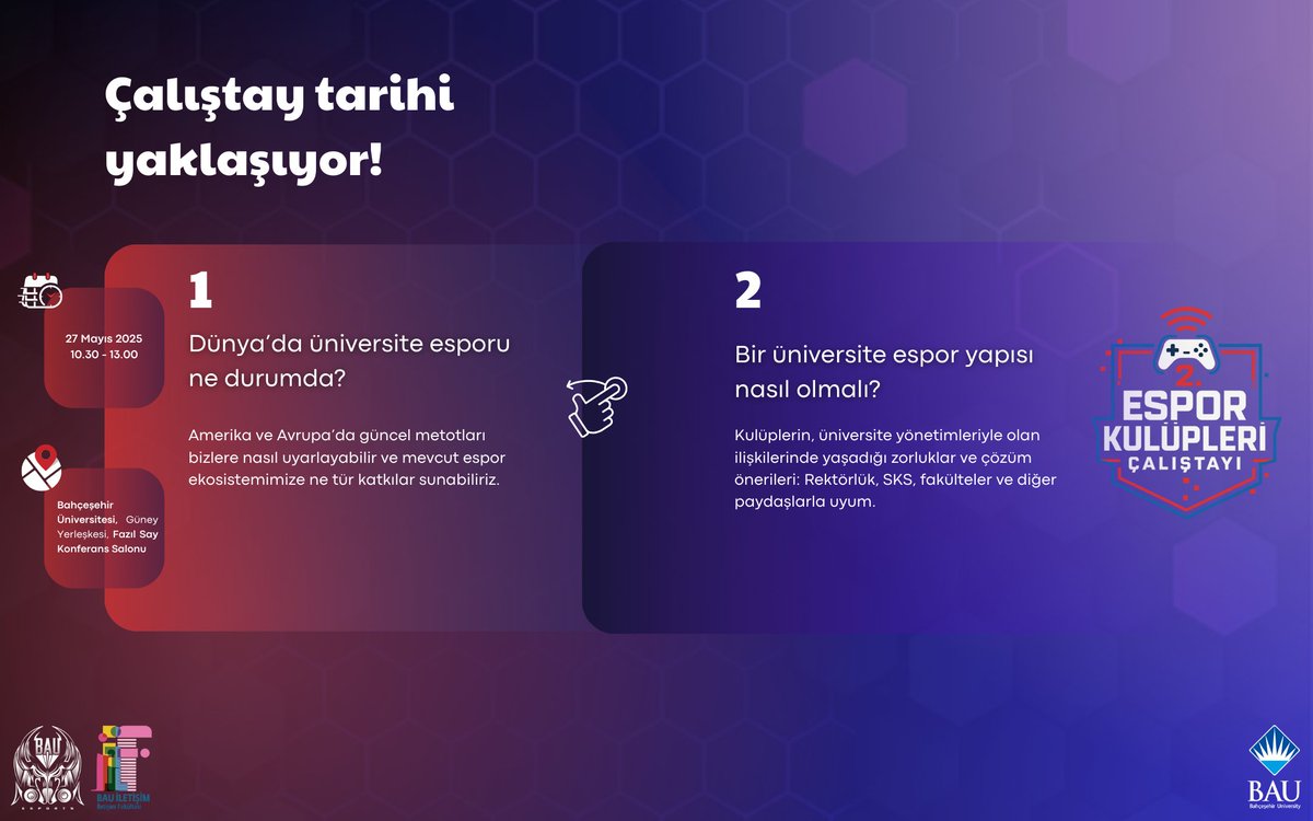 🌍 Dünya’da Üniversite Espor’u ne durumda?
 
🎙️ Kulüpler sahnede, konu: Gelecek

🎓 Esporun üniversitelerdeki yolculuğu 27 Mayıs’ta Bahçeşehir Üniversitesi'nde konuşuluyor!
 
👥 Katıl, fikirleri kaçırma!