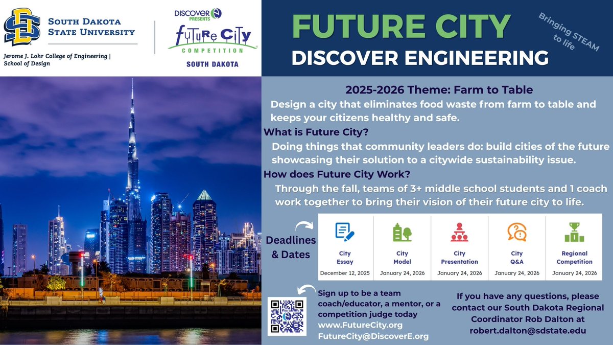 Want to help a team of middle schoolers design their ideal community?

Sign up to be a coach/educator or mentor today with Future City, sponsored by DiscoverE. Our brand-new region (South Dakota) is led by SDSU Landscape Architecture and the College of Engineering.