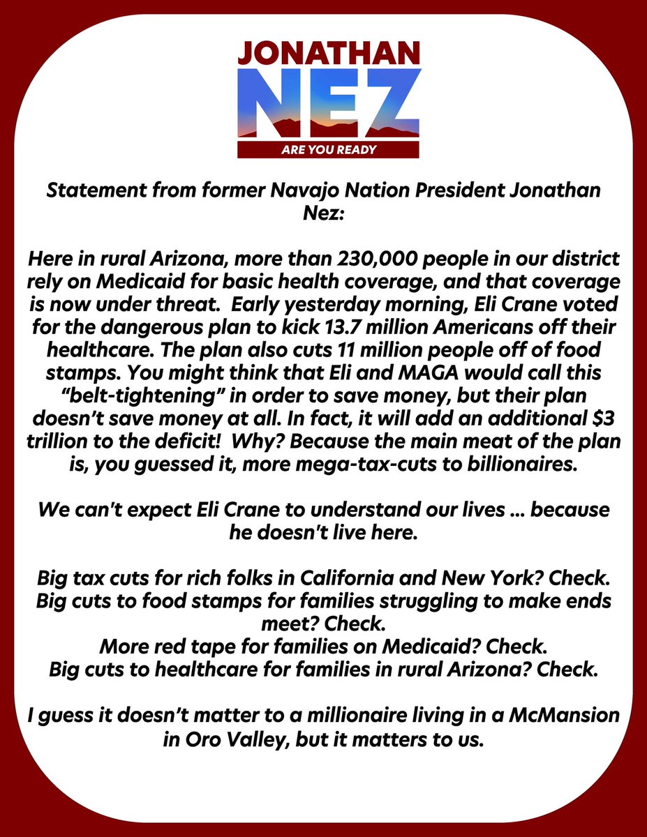 FormerPrezNez's tweet image. Our Congressman turned his back on rural and tribal communities across Arizona, all so the billionaires that own his party could get another tax break on the backs of working people, children and seniors. See my statement below.