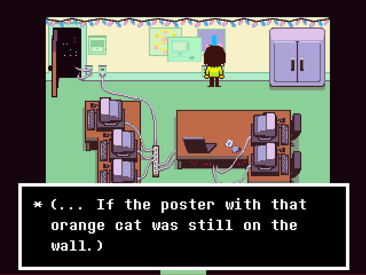 demonic_trash's tweet photo. ok, idk if anyones pointed this out BUT! this is said when you check the posters in the library twice and!!!! with all the stuff about cats, this feels. pointed now!!! toby fox! wtf! /pos #deltarune https://t.co/DJ8fNFgVXN