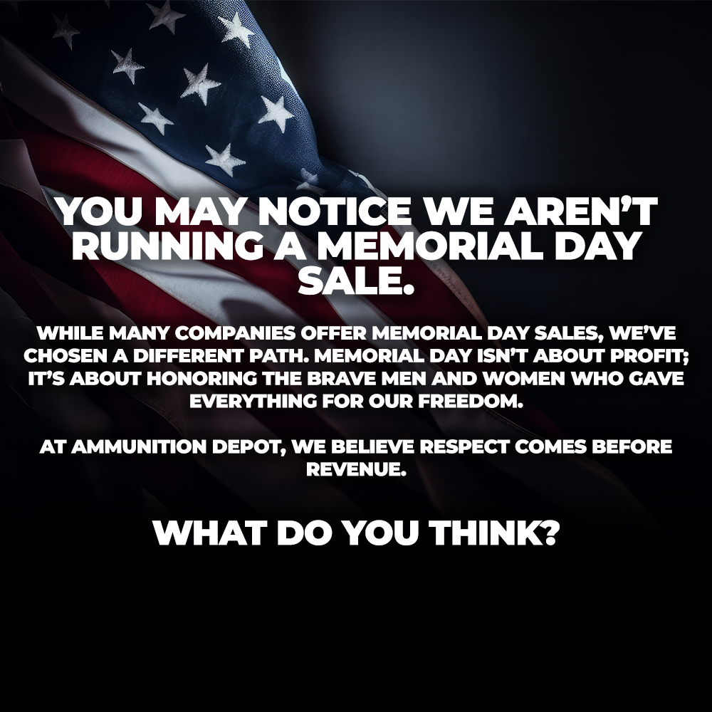 AmmunitionDepot's tweet image. You may notice we aren’t running a Memorial Day Sale.
While many companies offer Memorial Day sales, we’ve chosen a different path. Memorial Day isn’t about profit; it’s about honoring the brave men and women who gave everything for our freedom.
At Ammunition Depot, we believe…