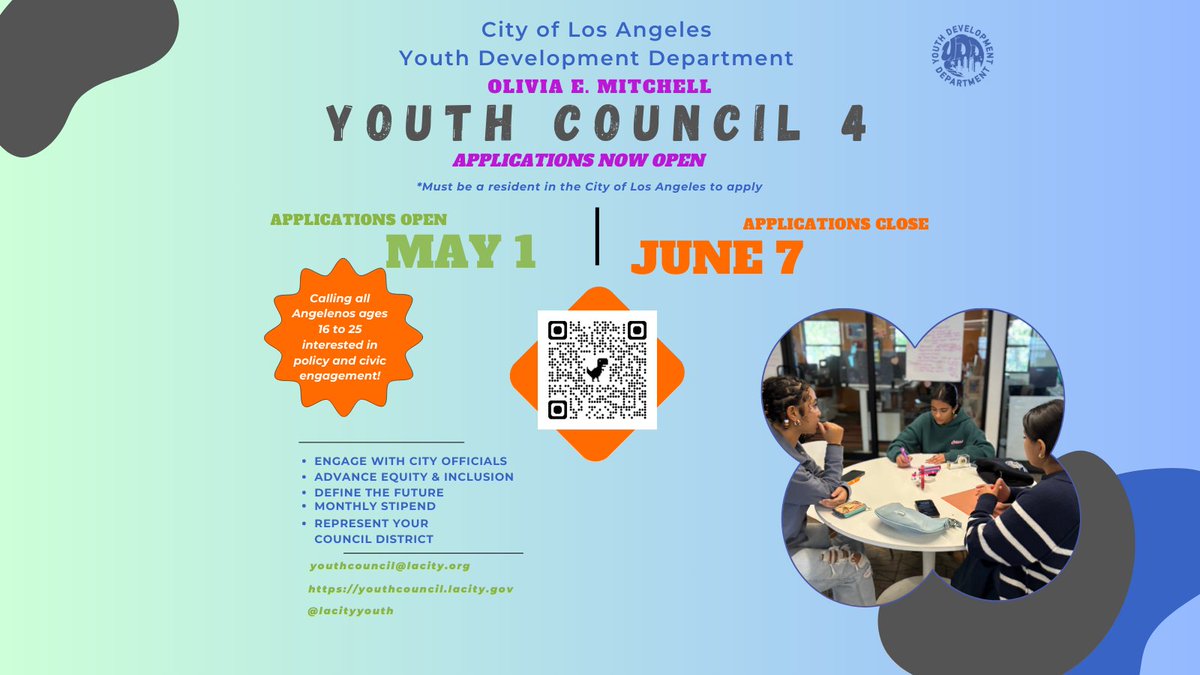 The Los Angeles #YouthDevelopment Department is accepting applications for the 4th Olivia E. Mitchell #LACity #YouthCouncil. This youth-led council will comprise 30 young Angelenos ages 16-25 from all over the City of #LosAngeles. Apply today.