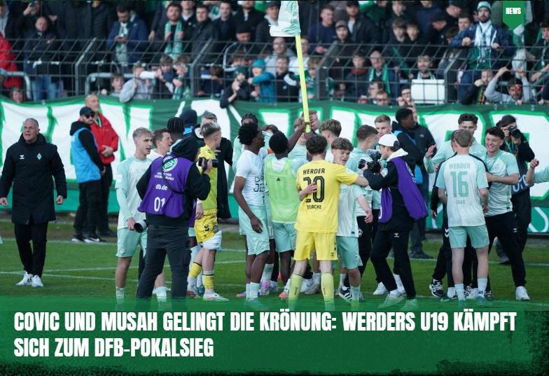 DeichStube's tweet photo. Nach 2:0-Sieg gegen den #KSC: Die #U19 des SV #Werder Bremen ist erstmals in der Vereinsgeschichte DFB-Pokalsieger der Junioren 👉 https://t.co/PyZmLxFUzn
#WerderU19 #SVWKSC #DFBPokal https://t.co/7uz24fQcwQ