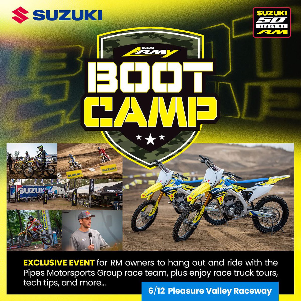 Suzuki’s RM Army Boot Camps dates have been set for 2025 and this year it will be coming to the East Coast! The event will be held at Pleasure Valley Raceway in Seward, PA from 10am to 3 pm on June 12, 2025.

To register please go to: suzuki.kickstartuser.com/register/?even…