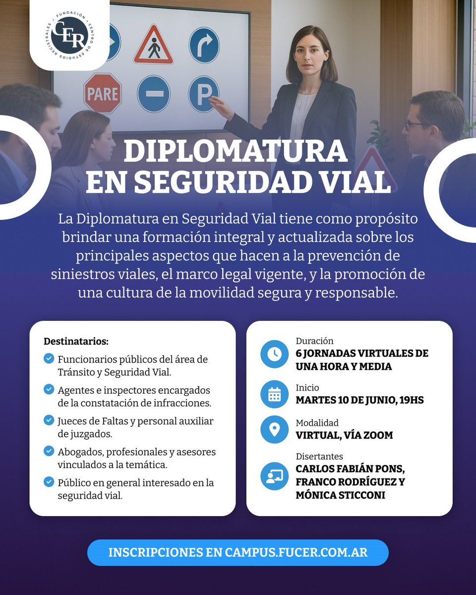 DIPLOMATURA EN SEGURIDAD VIAL
FUCER lanza la Diplomatura en Seguridad Vial que se dictará en forma virtual a partir del martes 10 de junio. Ya está abierta la inscripción para todos aquellos interesados en seguir formándose en la materia.
#SeguridadVial #Fucer #Diplomaturas #ANSV